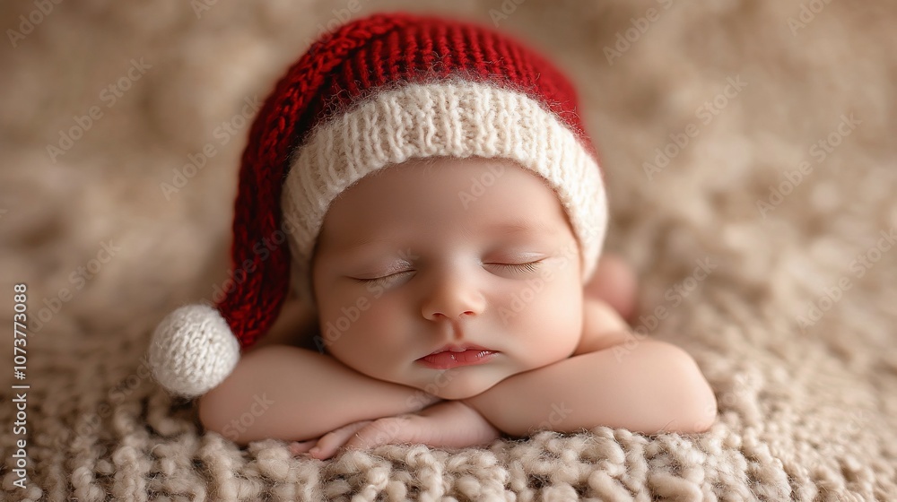 Adorable newborn baby sleeping soundly in a red Santa hat on a soft, beige blanket. Adorable newborn baby sleeping soundly in a red Santa hat on a soft, beige blanket.