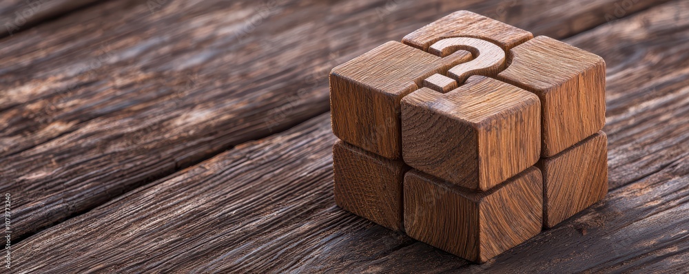 A wooden puzzle cube with a question mark, symbolizing curiosity and problem-solving challenges. A wooden puzzle cube with a question mark, symbolizing curiosity and problem-solving challenges.
