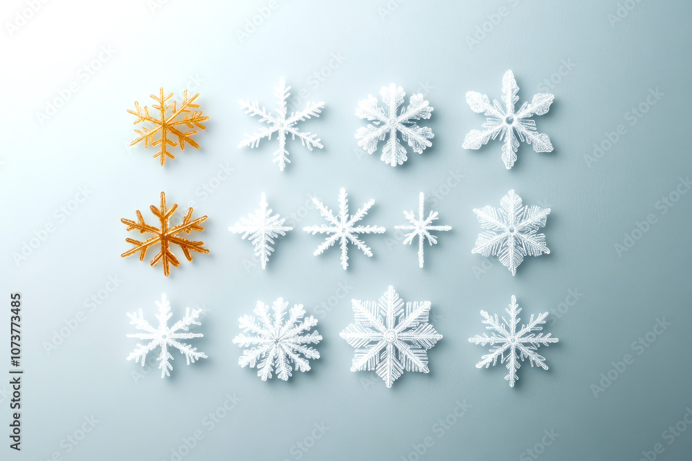 Various snowflake shapes in white and one orange snowflake on a soft gradient background. Ideal for winter themes and holiday designs.