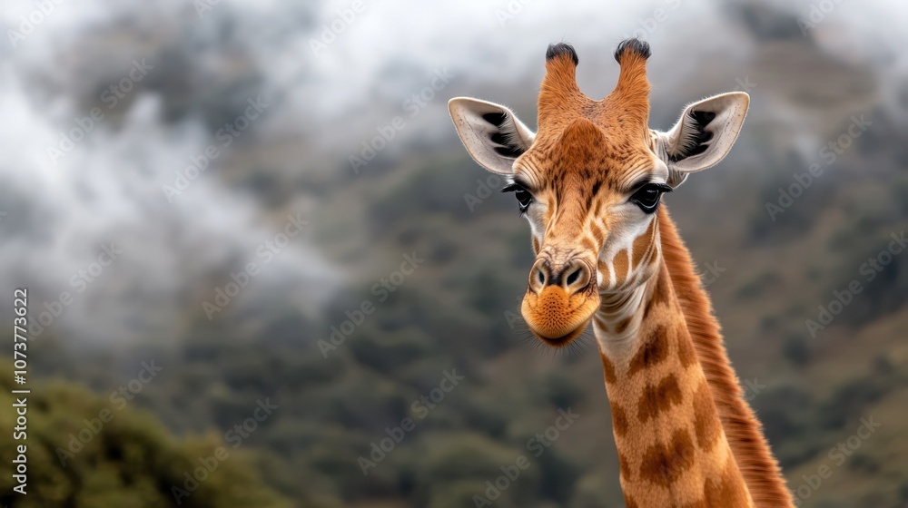 Obraz premium A giraffe stands tall on misty hills beneath a cloudy sky, embodying themes of majesty, contemplation, and the vastness of nature's beauty and challenges.