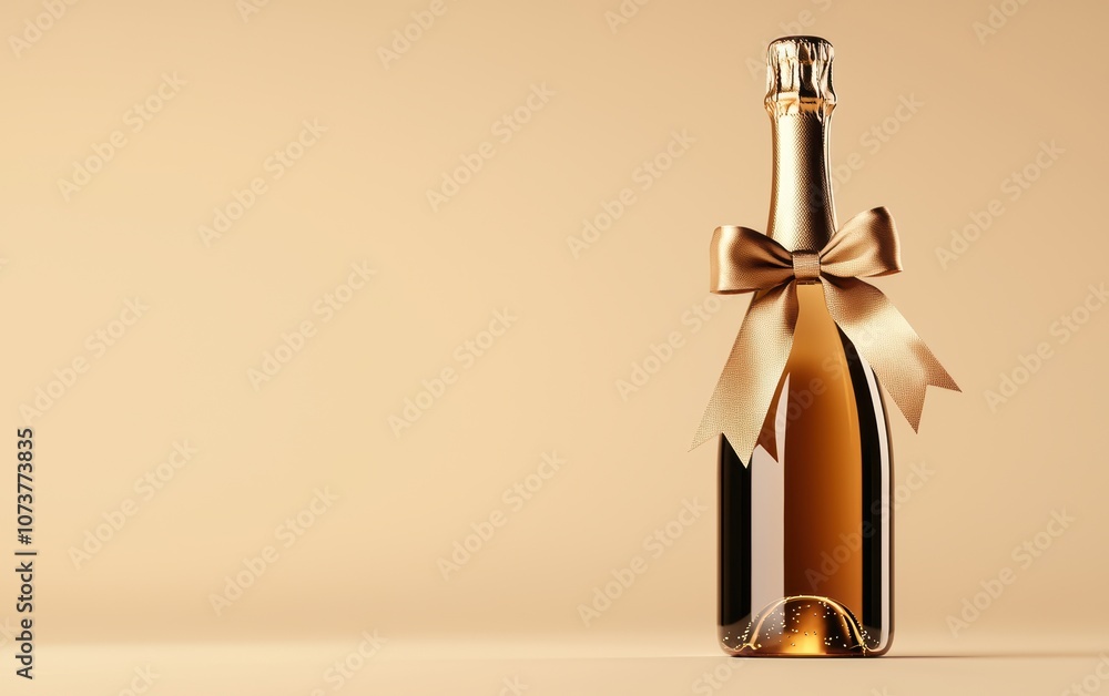 Obraz premium Elegant champagne bottle adorned with a golden bow against a soft beige background, perfect for celebrations.