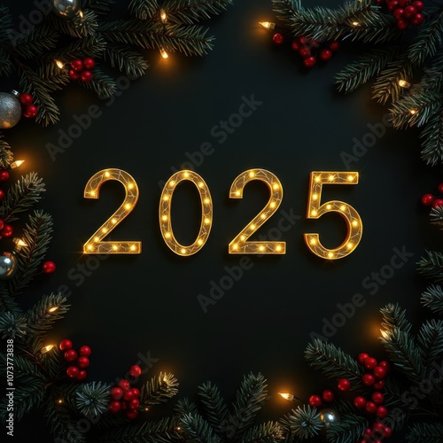 Top view of christmas decorated date "2025" new year frame with branches on dark background frame christmas isolated