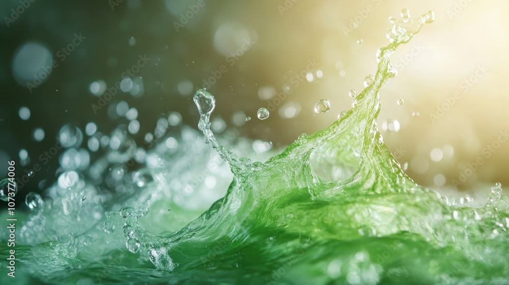 The image captures a green water splash with an illuminating burst of light, surrounded by forming bubbles, symbolizing renewal, movement, and life's energetic essence. The image captures a green water splash with an illuminating burst of light, surrounded by forming bubbles, symbolizing renewal, movement, and life's energetic essence.