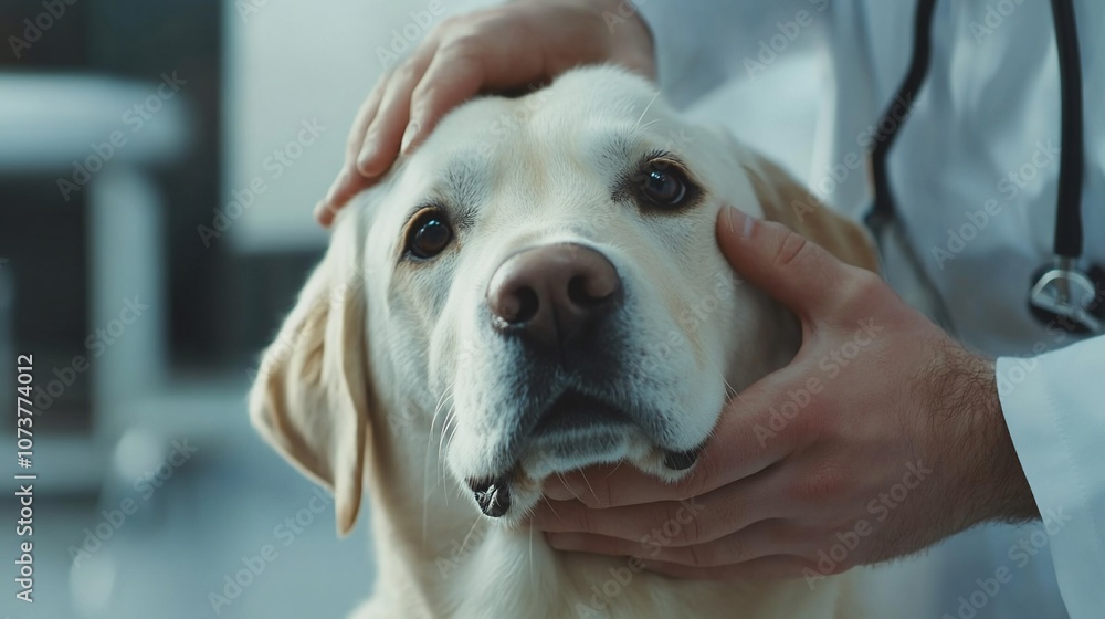 Veterinarian gently examining a labrador retriever. Veterinarian gently examining a labrador retriever.
