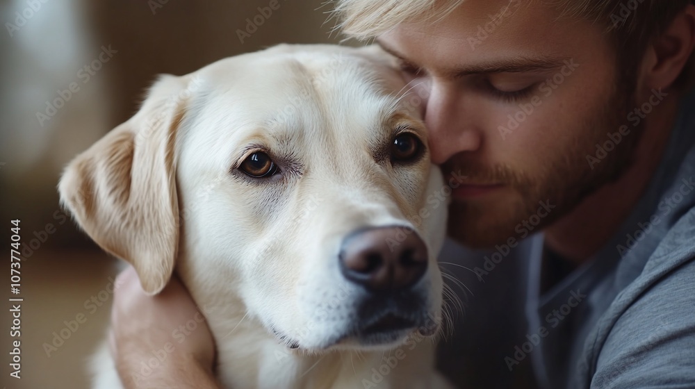 A man lovingly embraces his dog. A man lovingly embraces his dog.