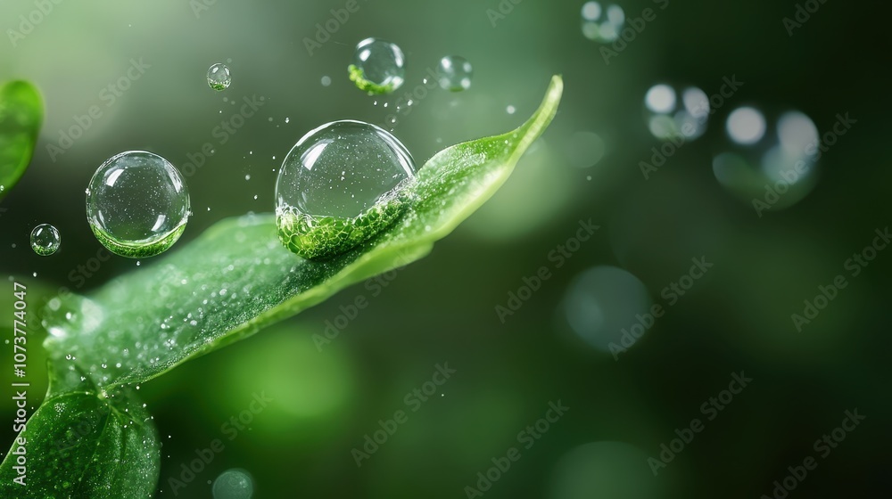 A macro view captures a leaf delicately holding water droplets, set against a blurred green backdrop, emphasizing natural serenity and intricate beauty of nature. A macro view captures a leaf delicately holding water droplets, set against a blurred green backdrop, emphasizing natural serenity and intricate beauty of nature.