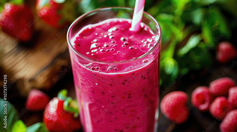 A vibrant berry smoothie made with strawberries and raspberries fills a tall glass, featuring a striped straw. National drinking straw day banner January 3 A vibrant berry smoothie made with strawberries and raspberries fills a tall glass, featuring a striped straw. National drinking straw day banner January 3