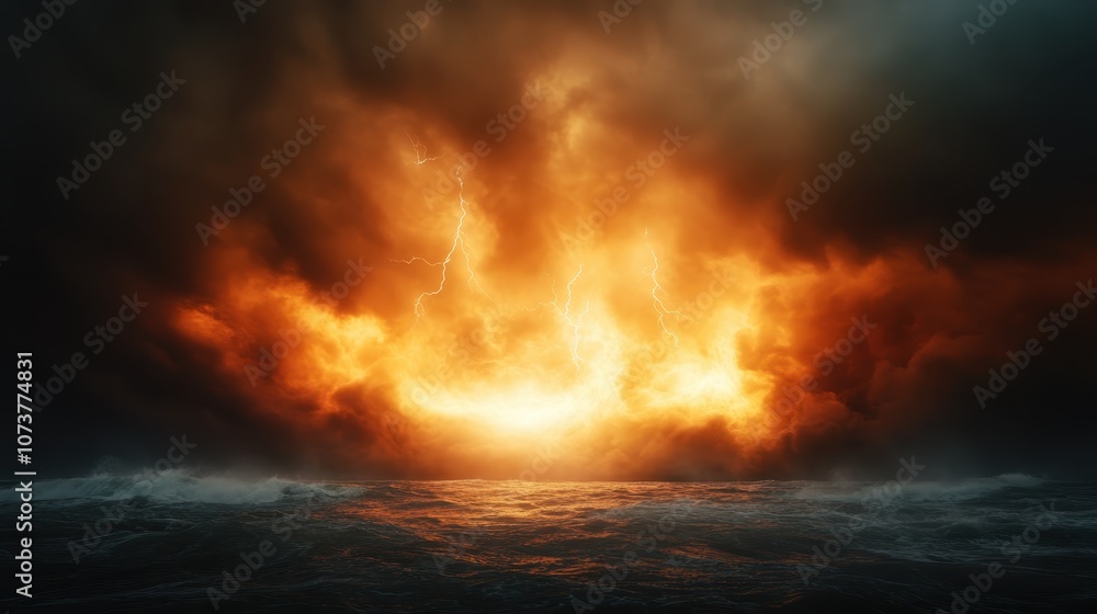 A fiery sky bursts with explosive colors as an intense storm barrels over the ocean, creating a mesmerizing, ethereal blend of light and motion at sea. A fiery sky bursts with explosive colors as an intense storm barrels over the ocean, creating a mesmerizing, ethereal blend of light and motion at sea.