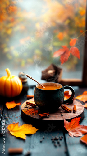 Warm autumn drink in a cozy setting with colorful leaves, a pumpkin, and spices, evoking the essence of the fall season and comfort in every sip.