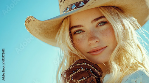 A beautiful blonde woman. Woman with blue eyes wearing a hat with big brim.