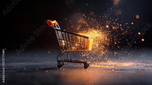 A small shopping cart stands out with bright glittering sparks against a dark background, symbolizing shopping magic and the allure of commerce in contrast. photo