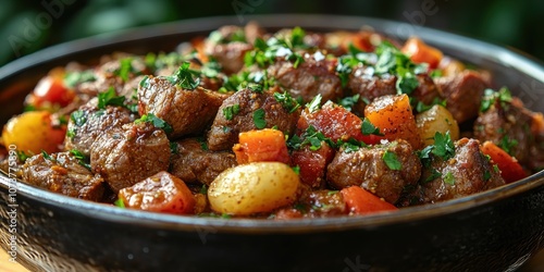 Close-up of a hearty stew with beef, potatoes, and carrots garnished with parsley in a black bowl.