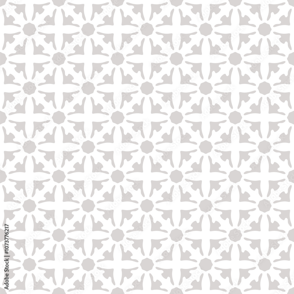 Vector seamless pattern with ethnic folk motifs. Simple floral geometric ornament. White and gray background texture with grid, flower silhouettes, diamond shapes. Subtle repeating geo design Vector seamless pattern with ethnic folk motifs. Simple floral geometric ornament. White and gray background texture with grid, flower silhouettes, diamond shapes. Subtle repeating geo design