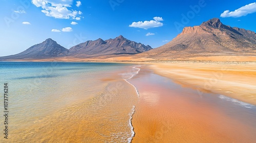 A serene beach with clear blue water and golden sand, framed by majestic mountains under a clear blue sky.