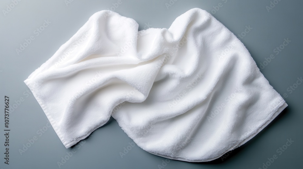 A soft, crumpled white towel draped artistically against a smooth gray backdrop, capturing the subtle curves and elegant texture in a minimalist setting. A soft, crumpled white towel draped artistically against a smooth gray backdrop, capturing the subtle curves and elegant texture in a minimalist setting.