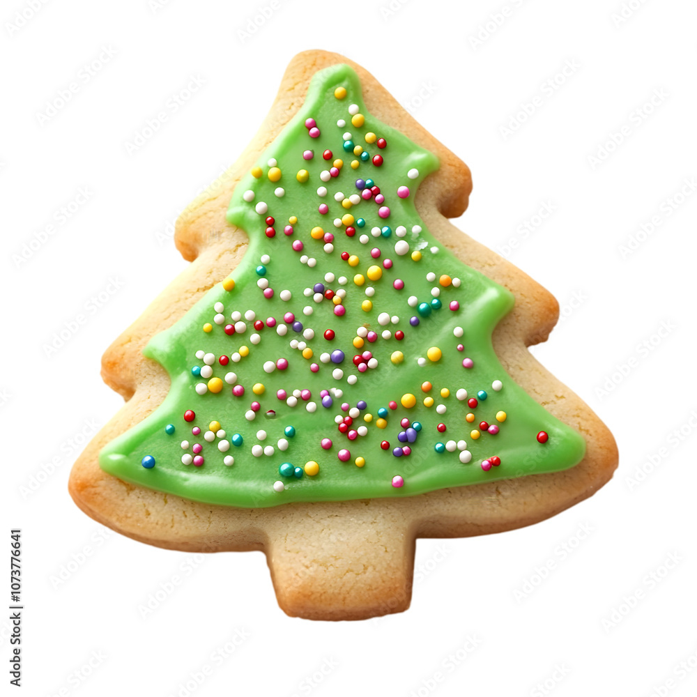 A festive cookie shaped like a Christmas tree, decorated with green icing and colorful sprinkles. A festive cookie shaped like a Christmas tree, decorated with green icing and colorful sprinkles.