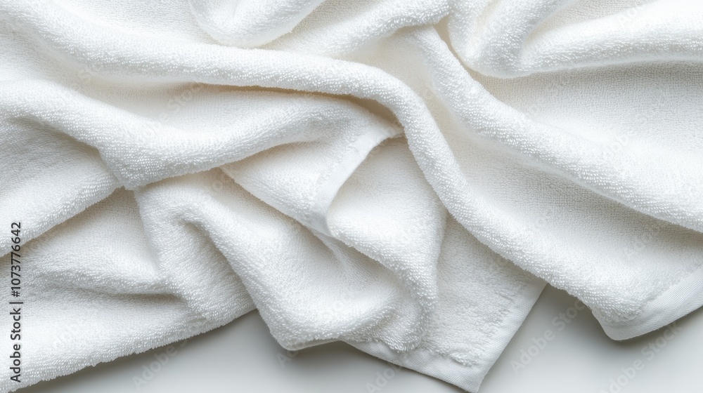 An artistic arrangement of a white towel showing a series of soft, wavelike folds that evoke a sense of calm, purity, and elegance on a neutral background. An artistic arrangement of a white towel showing a series of soft, wavelike folds that evoke a sense of calm, purity, and elegance on a neutral background.