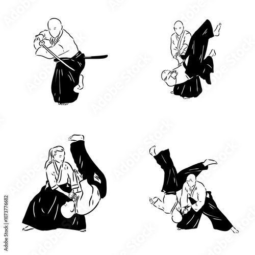 Aikido combat between athletes, stylized vector illustration