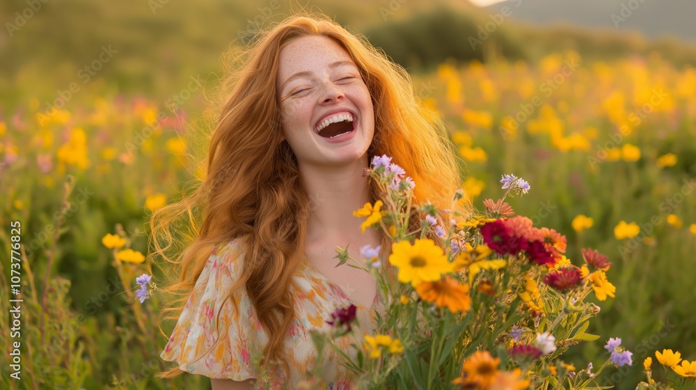 Joyful Caucasian Woman with Freckles in a Field of Colorful Wildflowers in Nature Setting Joyful Caucasian Woman with Freckles in a Field of Colorful Wildflowers in Nature Setting