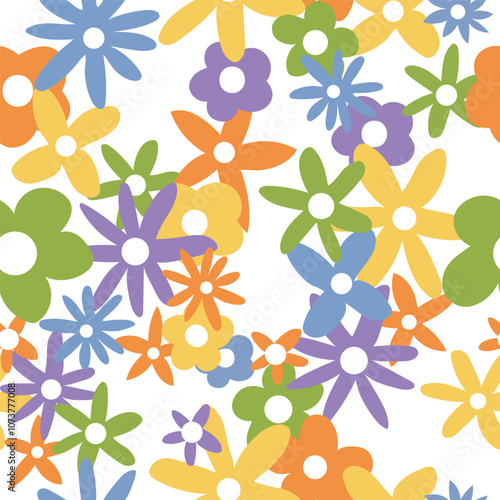 Cute seamless pattern with illustrated colorful flowers on white background