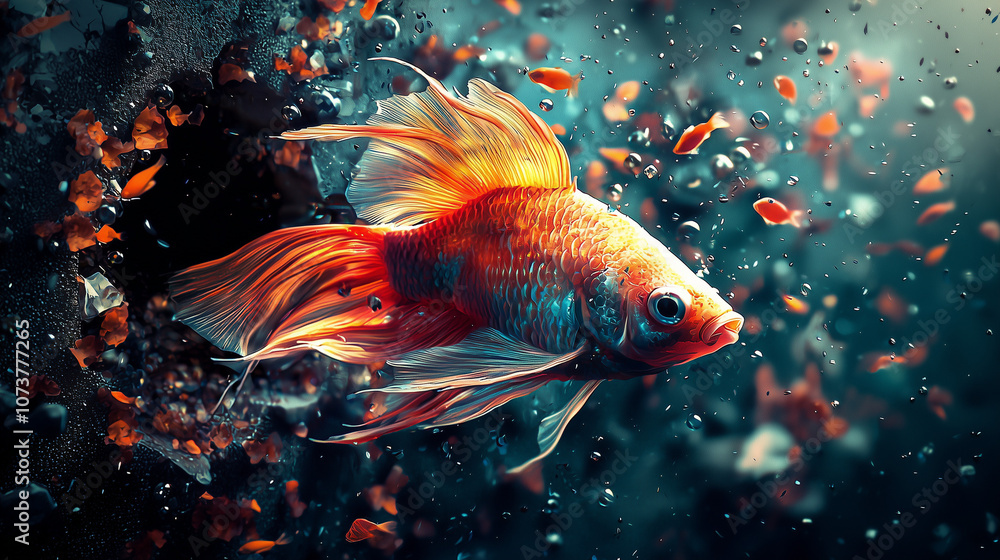 A stunning goldfish in vivid colors swims in an ethereal underwater scene filled with bubbles and petals A stunning goldfish in vivid colors swims in an ethereal underwater scene filled with bubbles and petals