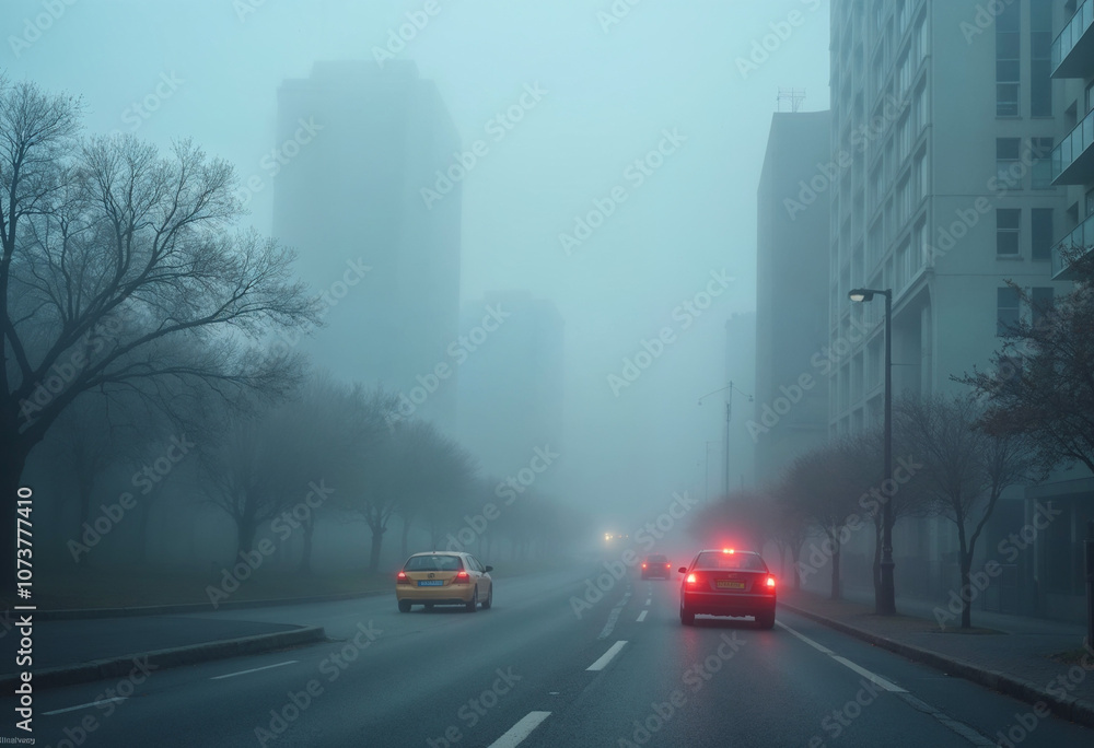 City street engulfed in dense fog with illuminated car lights City street engulfed in dense fog with illuminated car lights