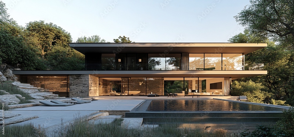 Modern house with a swimming pool and large windows overlooking a lush green landscape. Modern house with a swimming pool and large windows overlooking a lush green landscape.