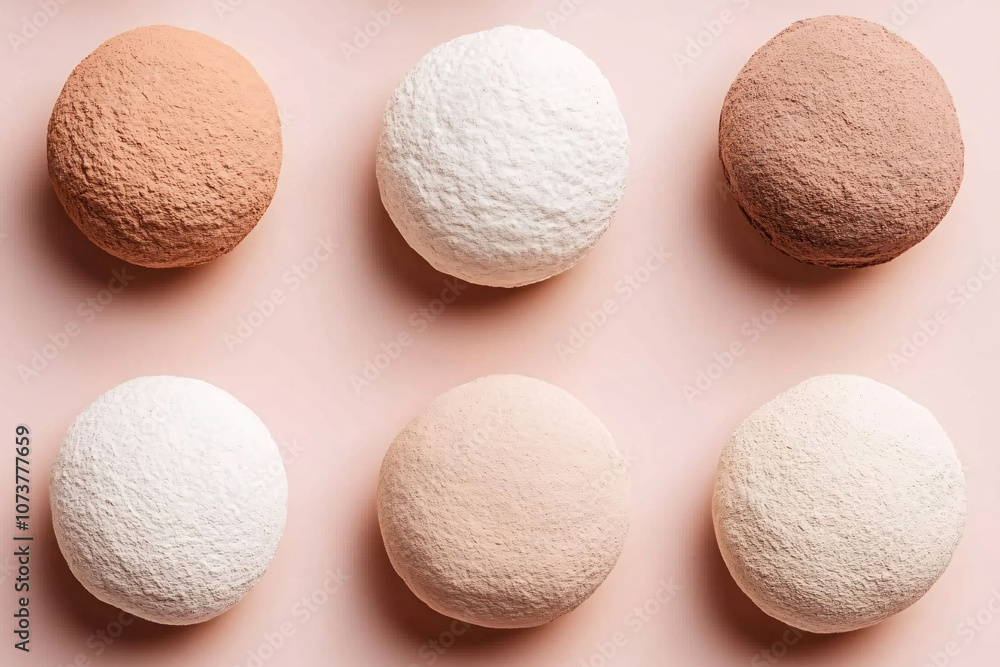 Overhead view of diverse textured round shapes on pink Overhead view of diverse textured round shapes on pink