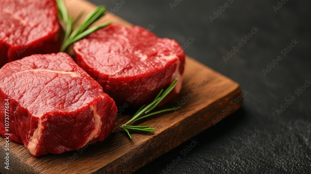 Three uncooked steaks are artfully displayed on a wooden board, accompanied by sprigs of rosemary, showcasing the freshness and quality of the meat cuts. Three uncooked steaks are artfully displayed on a wooden board, accompanied by sprigs of rosemary, showcasing the freshness and quality of the meat cuts.