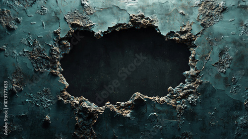 Grunge teal wall with weathered textures and a large jagged hole revealing a dark empty space behind photo