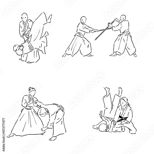 Aikido combat between athletes, stylized vector illustration