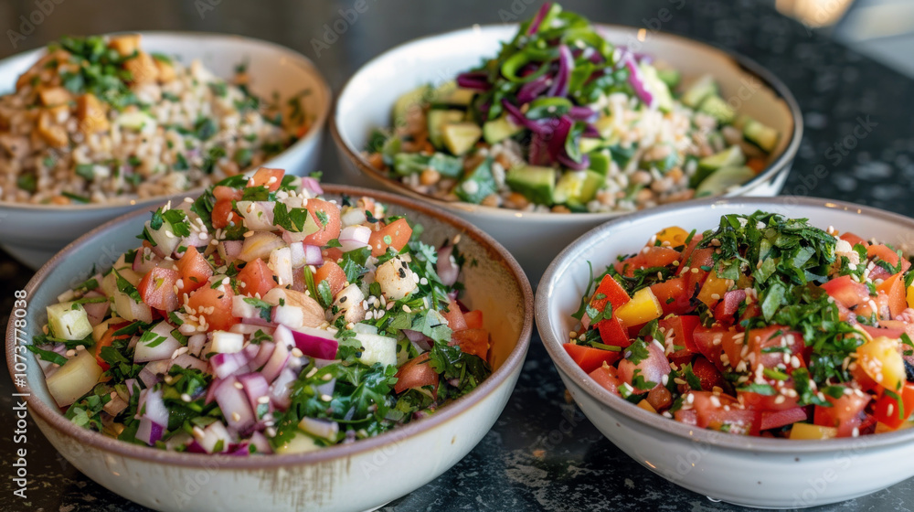 A selection of vibrant salads in four bowls showcases fresh ingredients like cucumbers, tomatoes, and herbs. The dishes are beautifully arranged on a dark countertop A selection of vibrant salads in four bowls showcases fresh ingredients like cucumbers, tomatoes, and herbs. The dishes are beautifully arranged on a dark countertop