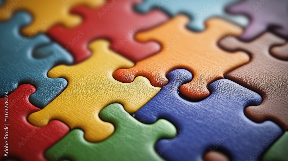 Close-up of colorful jigsaw puzzle pieces fitting together. Close-up of colorful jigsaw puzzle pieces fitting together.