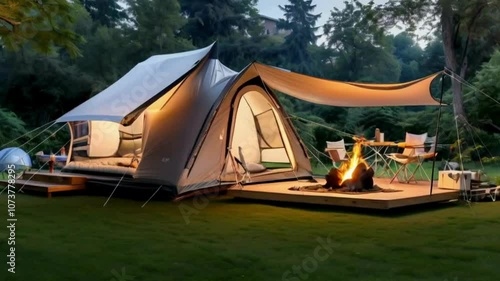 A luxurious glamping tent set up on a wooden deck with a campfire and outdoor seating, surrounded by lush greenery and trees.