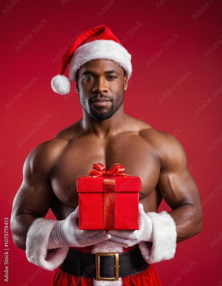 A muscular Black man dressed as Santa holding a red Christmas gift against a red background. This image is ideal for holiday fitness promotions, unique Christmas ads, and festive marketing. A muscular Black man dressed as Santa holding a red Christmas gift against a red background. This image is ideal for holiday fitness promotions, unique Christmas ads, and festive marketing.