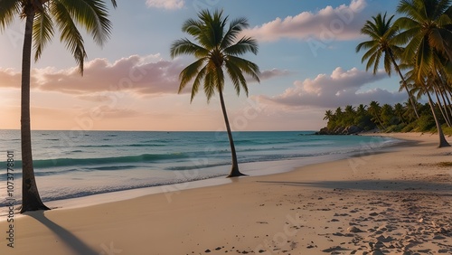  A pristine, white-sand beach with turquoise water gently lapping at the shore. Tall palm trees line the beach, and the clear sky transitions into a soft pink as the sun rises, creating a peaceful tro photo