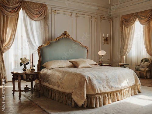 Luxury bedroom interior with classic furniture and golden walls. Classic style.