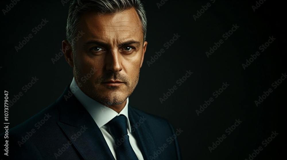 Portrait of a determined businessman in a suit, symbolizing success, achievement, and leadership skills.