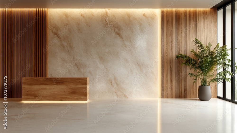 A minimalist modern reception area featuring a wood wall, a marble accent wall, a sleek wooden desk, and a potted plant for a stylish and welcoming atmosphere. A minimalist modern reception area featuring a wood wall, a marble accent wall, a sleek wooden desk, and a potted plant for a stylish and welcoming atmosphere.