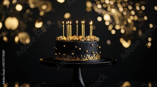 black and gold cake with candles, birthday cake