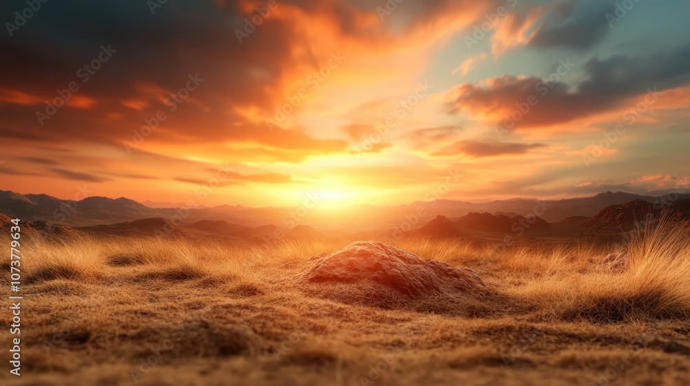 Fototapeta premium A vibrant sunset illuminates the sky in a burst of oranges and yellows over an expansive, dry grassland, illustrating nature's vast beauty and tranquility.