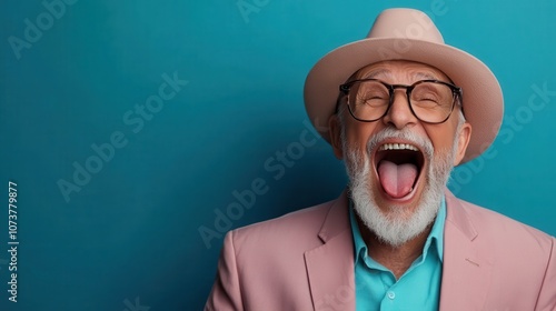 A delighted older man wearing a pink hat and sports coat laughing heartily, radiating cheerfulness and positivity with a turquoise shirt against a solid blue backdrop. photo