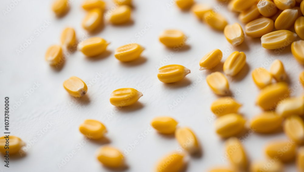 A shallow depth of field bokeh effect photography of a scattering of golden yellow corn kernels against a soft, creamy white background A shallow depth of field bokeh effect photography of a scattering of golden yellow corn kernels against a soft, creamy white background