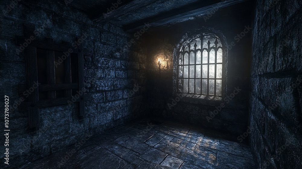 Dark room in a stone building with a single lit window.
