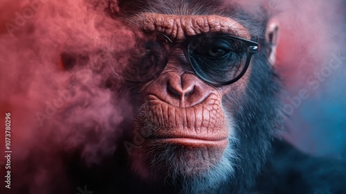 This image features a chimpanzee wearing dark glasses, shrouded in clouds of pink and blue smoke, exemplifying mysterious and surreal artistic elements.