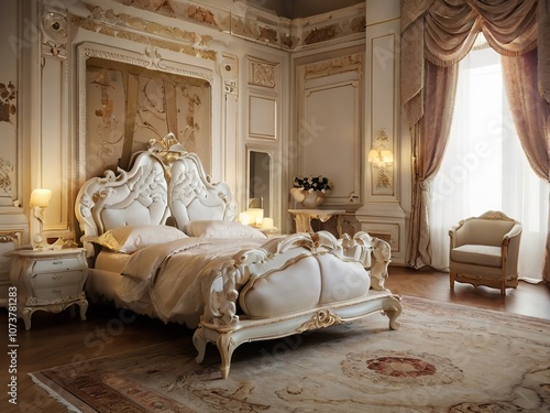 Luxury royal bedroom interior in classic style. 