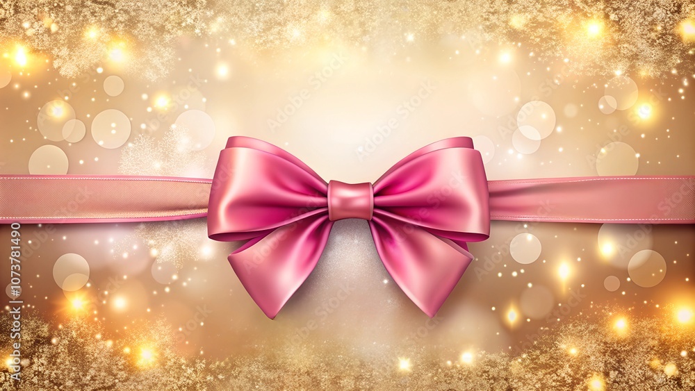 Pink bow and ribbon on a sparkling gold background with bokeh lights, creating a festive, luxurious, and celebratory atmosphere. Pink bow and ribbon on a sparkling gold background with bokeh lights, creating a festive, luxurious, and celebratory atmosphere.