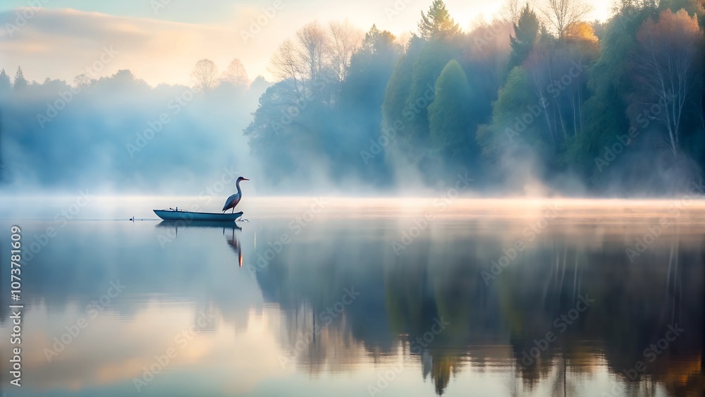 A serene lake scene at sunrise, with mist rising above the water. A lone Canada goose floats peacefully, surrounded by autumn trees and a foggy forest reflecting in the calm water. A serene lake scene at sunrise, with mist rising above the water. A lone Canada goose floats peacefully, surrounded by autumn trees and a foggy forest reflecting in the calm water.