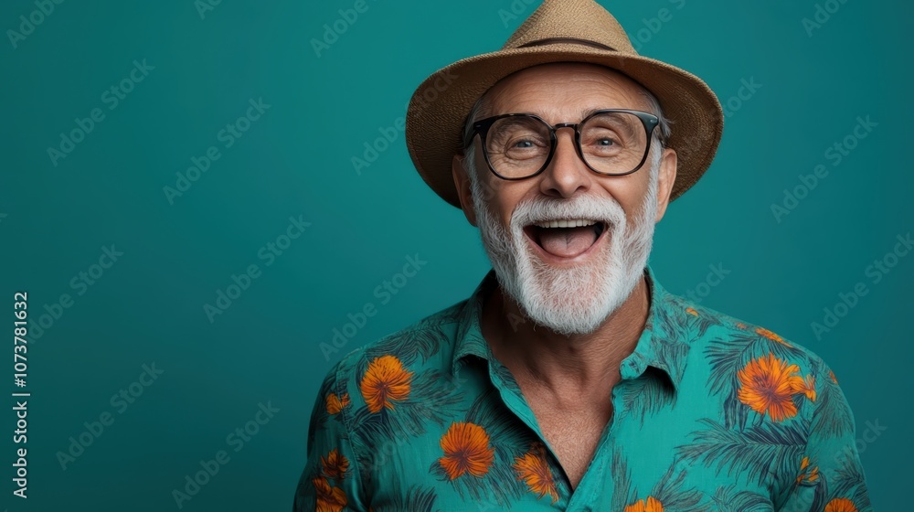 An elderly man with a broad smile, wearing a tropical shirt and fedora, set against a teal background, exuding joy and a zest for life. An elderly man with a broad smile, wearing a tropical shirt and fedora, set against a teal background, exuding joy and a zest for life.
