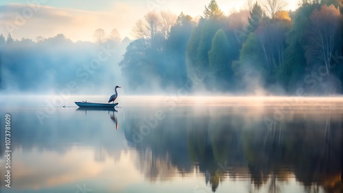 A serene lake scene at sunrise, with mist rising above the water. A lone Canada goose floats peacefully, surrounded by autumn trees and a foggy forest reflecting in the calm water.